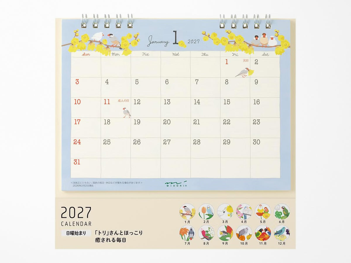 Midori Desk Calendar 2027 - Medium Bird